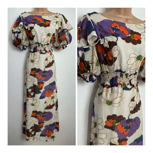 Vintage Early 1970s DAVID BUTLER BY PRESSLER Size 8-10 Ivory White Purple Brown & Orange Floral Puffed Sleeve Boho Maxi Dress