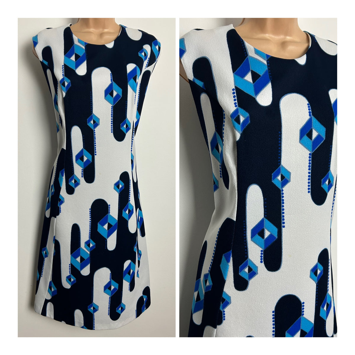 Vintage 1960s Size 16 White & Blue Tones Abstract Print Sleeveless Mod Shift Dress