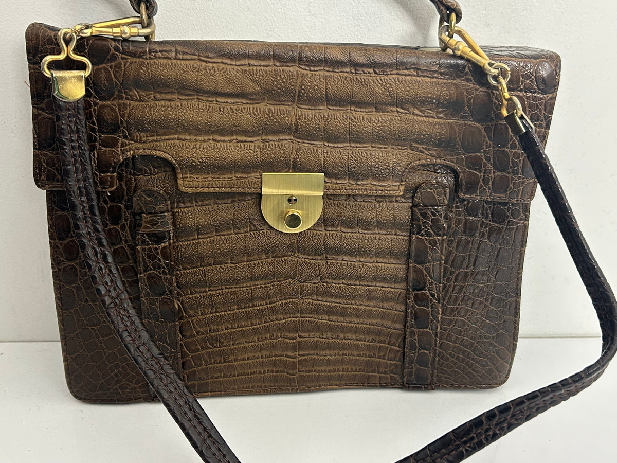 Vintage 1970s Large Brown Real Leather Mock Croc Handbag