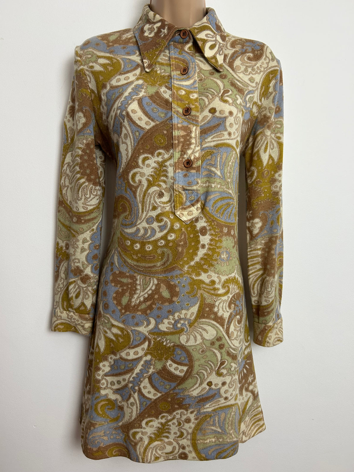 Vintage 1960s GASTON JAUNET Size 12-14 Brown Cream Blue & Pale Green Paisley Wool Mix Mod Shift Dress