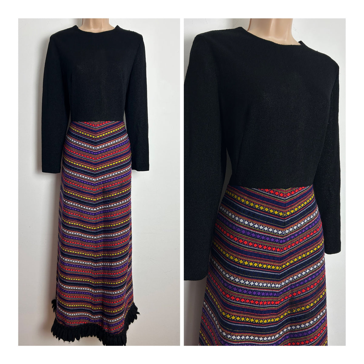 Vintage 1970s BERKERTEX Size 12 Black Red Purple Blue Wool Mix Maxi Dress