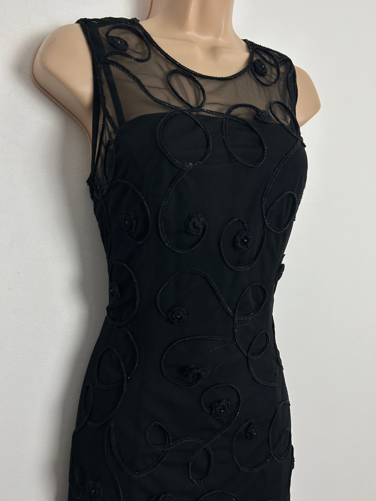 Vintage 1980s NIENTIE UK Size 8-10 Black Illusion Neck Fine Mesh Braid Trim Sleeveless Occasion Evening Maxi Dress
