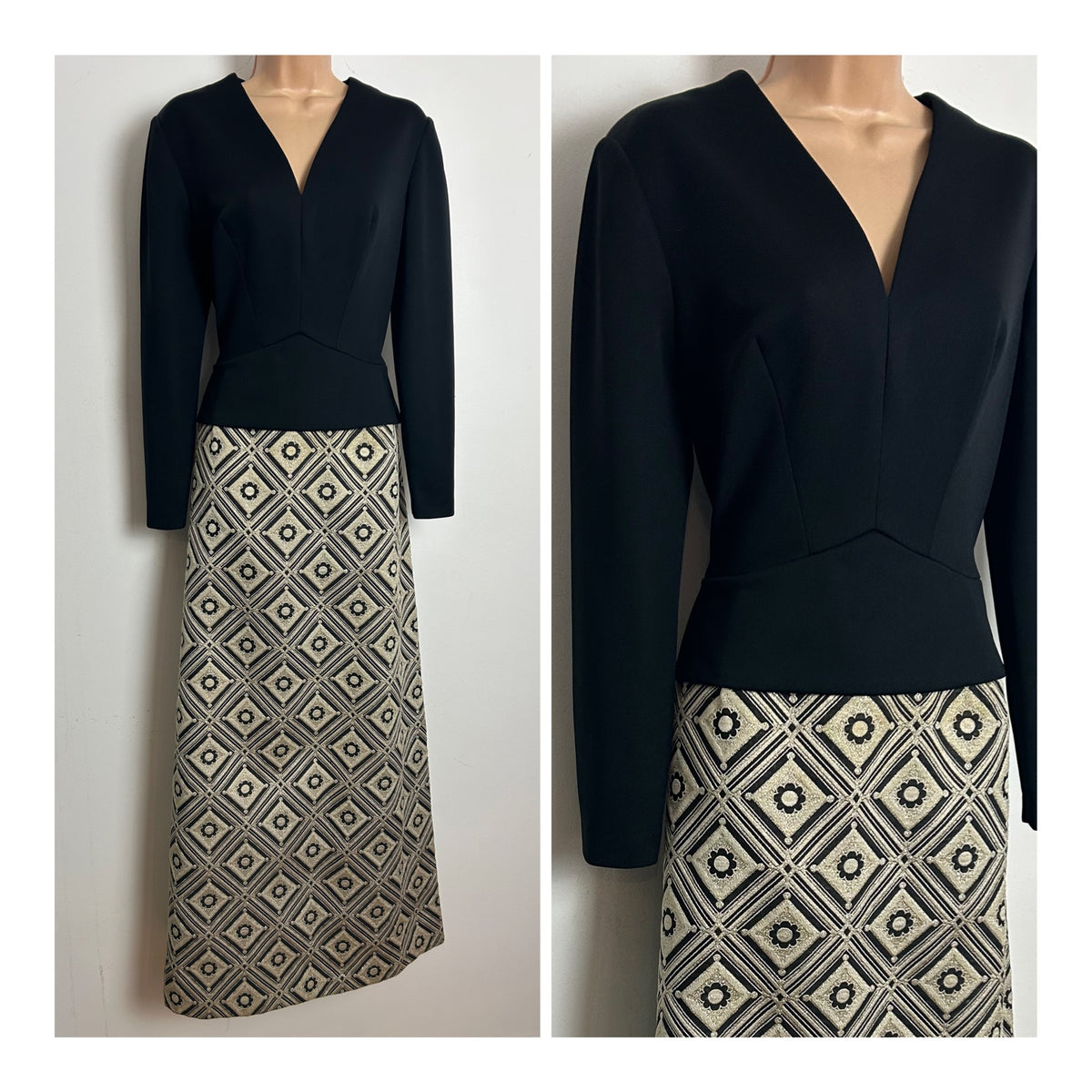 Vintage 1960s CARNEIGIE OF LONDON Size 12 Black & Metallic Gold Peplum Occasion Evening Maxi Dress