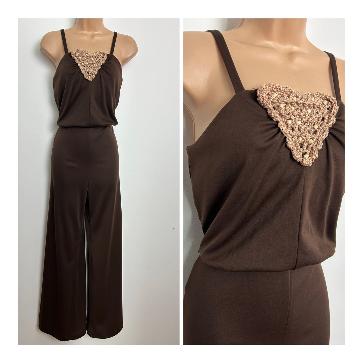 Vintage Late 1970s Size 8 Chocolate Brown Crochet Panel Wide Flared Leg Jumpsuit