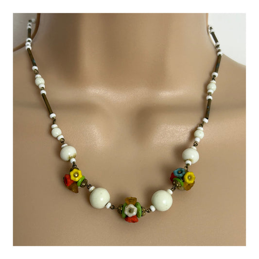 Vintage 1930’s Pretty White Czech Milk & Colour Glass Flower Necklace