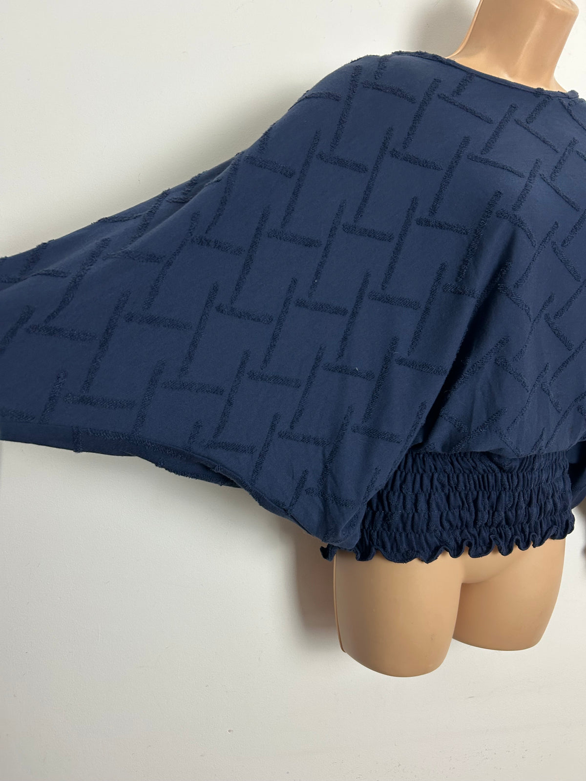 Vintage 1980s Size 16 Navy Blue Textured Cotton Bat Wing Shirred Waist Top