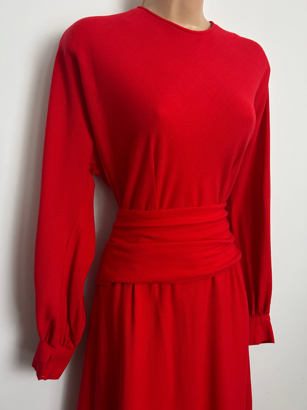 Vintage Early 1970s JEAN ALLEN Size 8 Red Long Dolman Sleeve Cummerbund Belted Occasion Maxi Dress