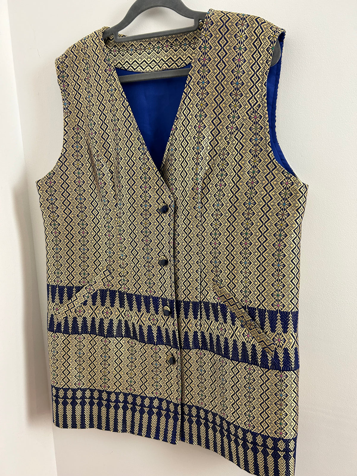 Vintage UK Size 14-16 Gold & Blue Woven Silk Abstract Pattern Tunic Waistcoat