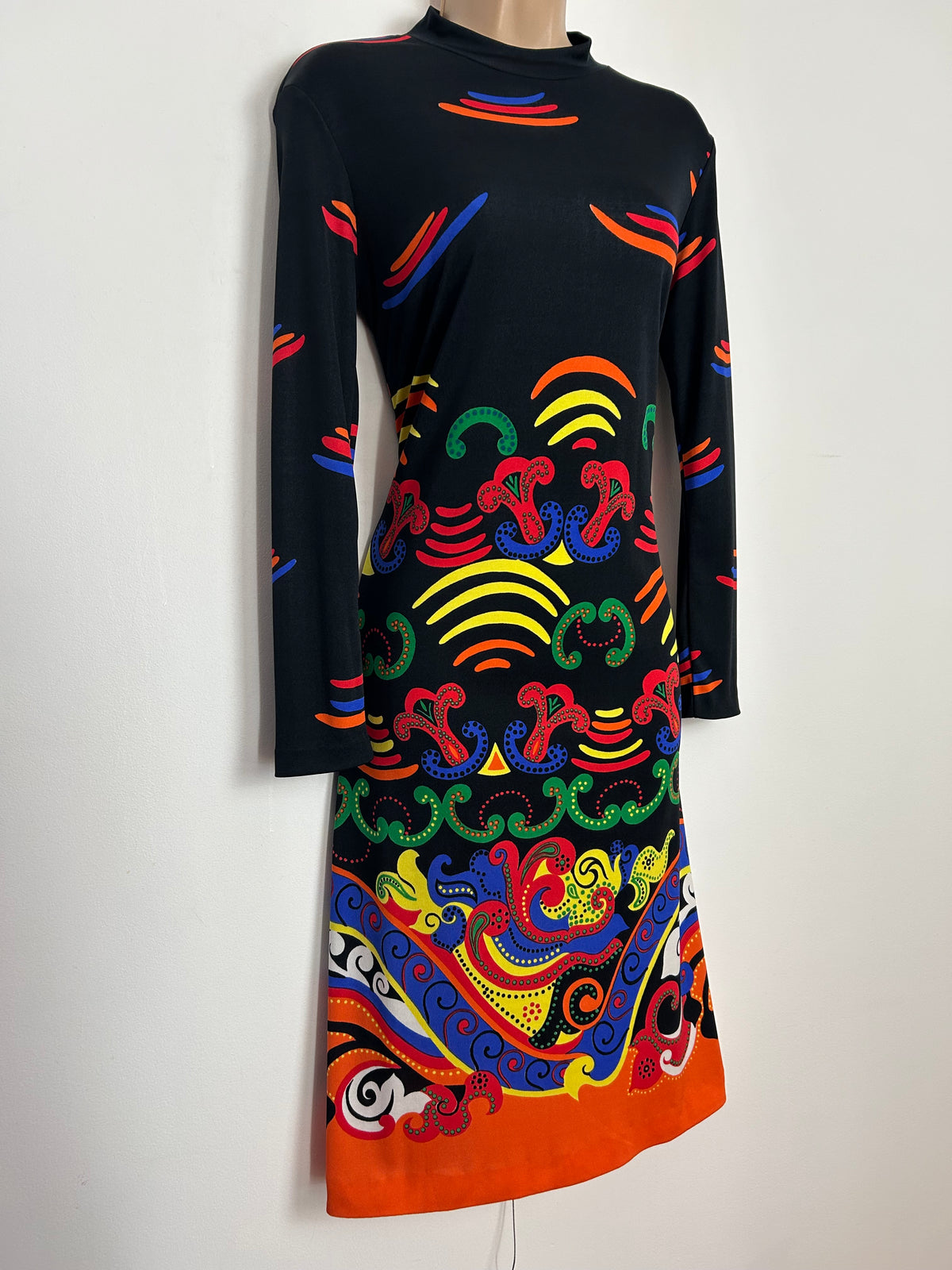 Vintage 1970s ELEGANCE PARIS Size 10 Black Multicolour Abstract Print Long Sleeve Shift Dress
