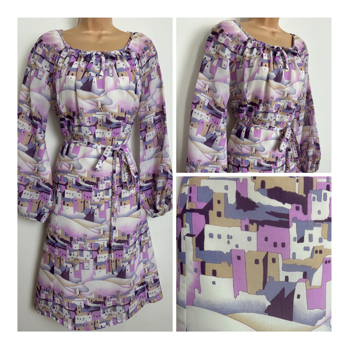 Vintage 1970s Size 10-12 Pink Violet & White Greek Houses Novelty Print Belted Chiffon Dress