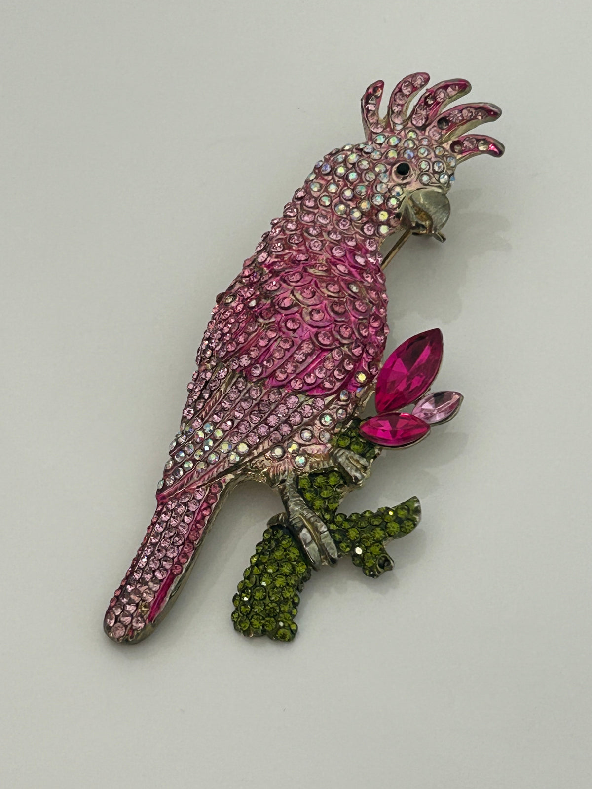 Vintage 1980s Large Pink Tones Diamante Rhinestone Set Parrot Brooch