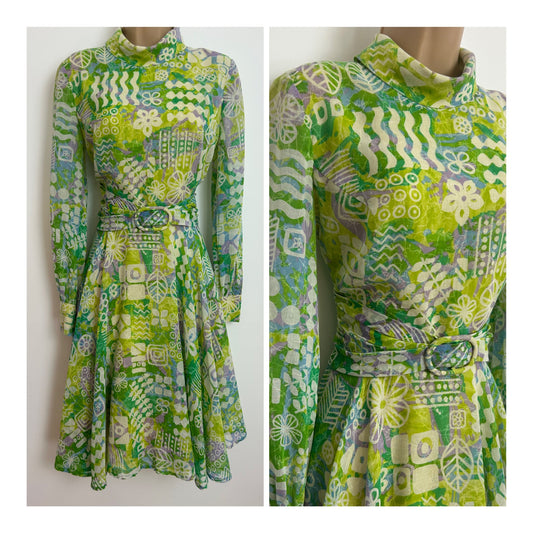 Vintage Late 1960s COCO OF CALIFORNIA Size 10 Green White & Purple Abstract Floral Print Mod Dress