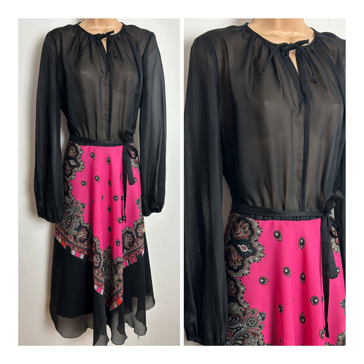 Vintage 1970s Size 16 Black & Pink Chiffon Long Sleeve Belted Midi Day Dress