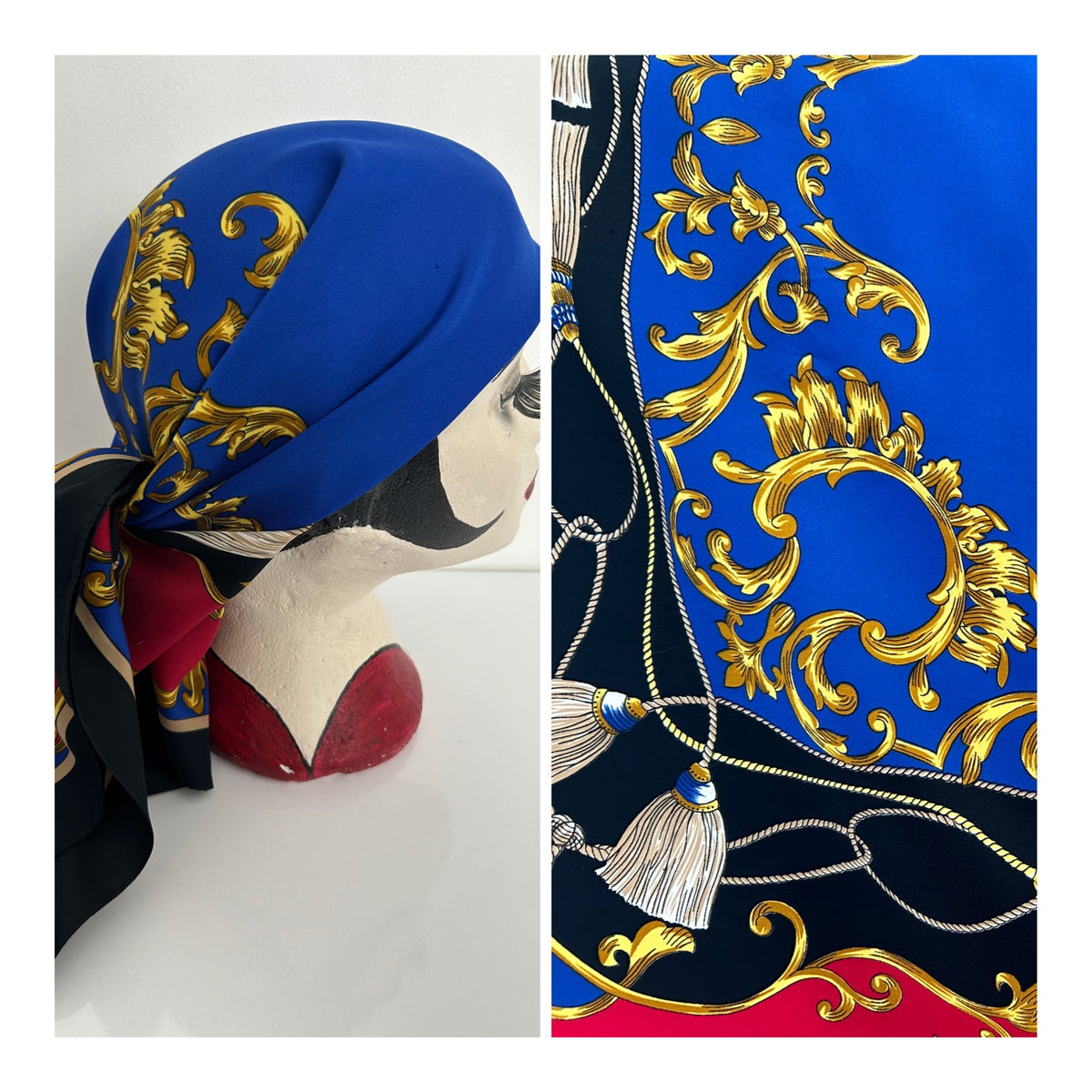 Vintage Italian Blue Black & Red Baroque Regalia Print Large Scarf 86cm x 89cm