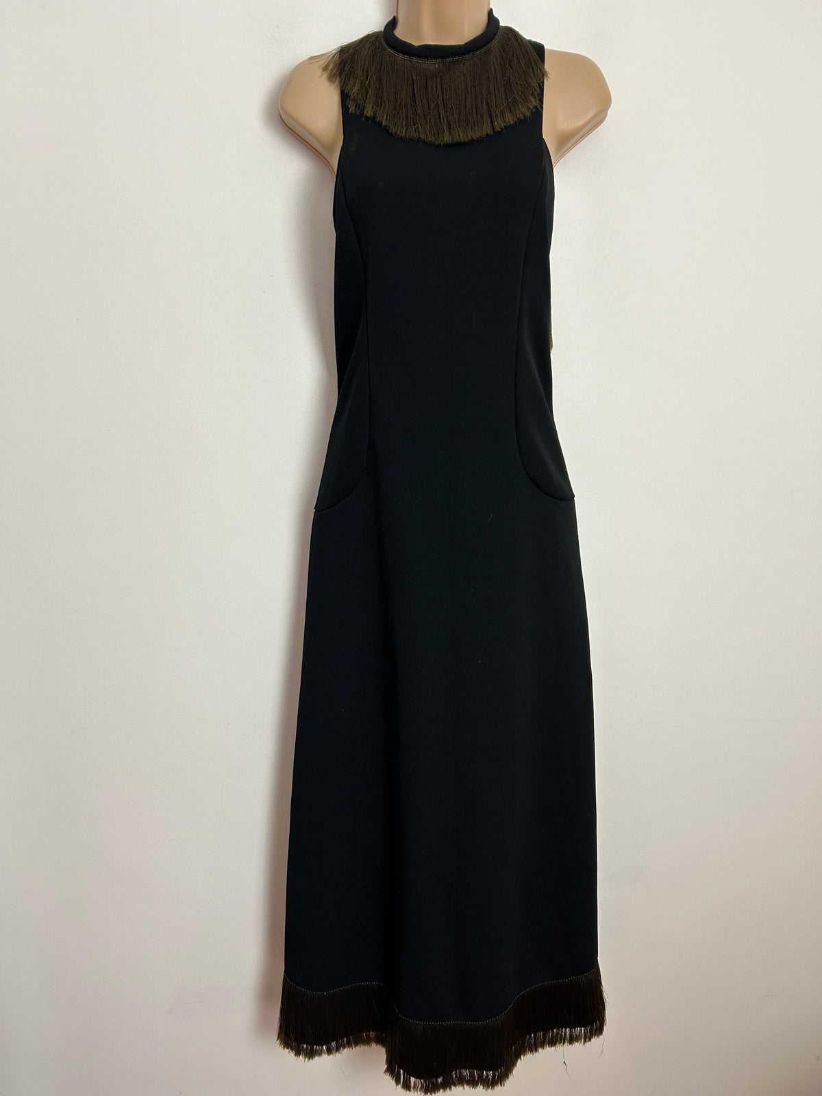 Vintage 1970s UK Size 8 Black Sleeveless Fringe Tassel Trim Evening Occasion Maxi Dress