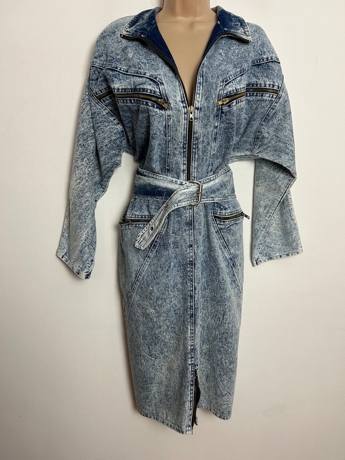 Vintage 1980s RARE ST DENIS UK Size 12 Acid Wash Blouson Style Zip Pocket Belted Deni Dress