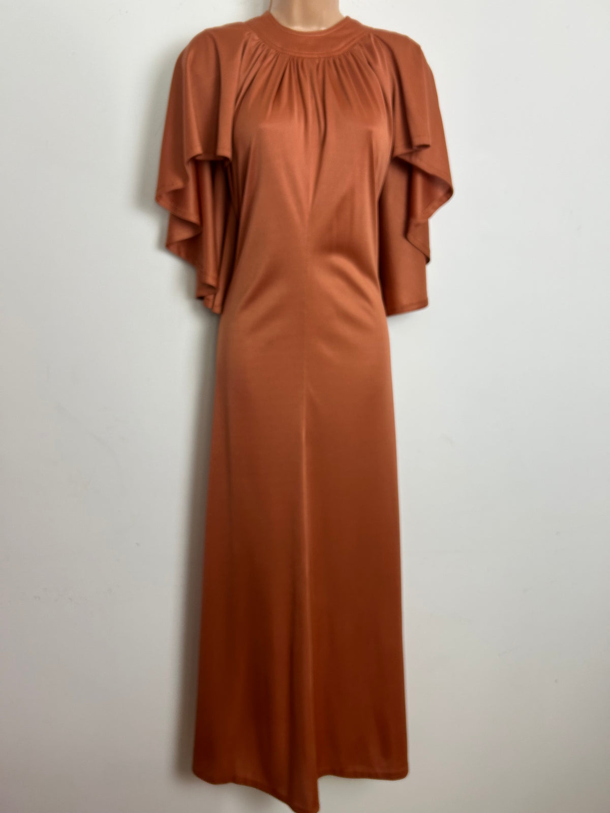 Vintage 1970s Size 10 Terracotta Cape Sleeve Crimplene Maxi Dress