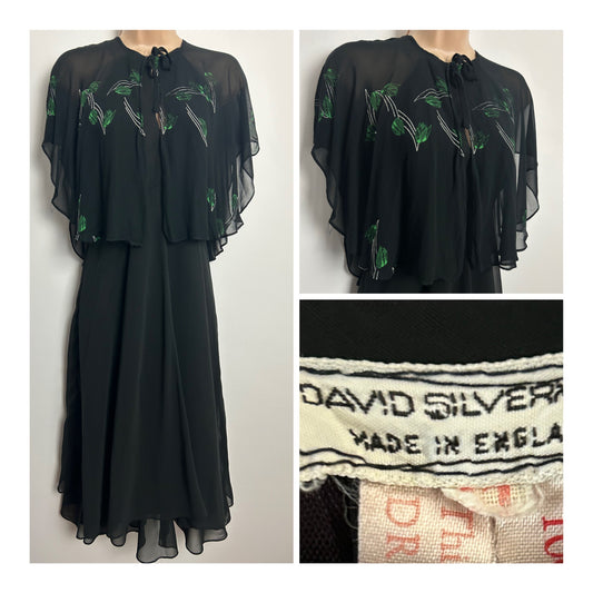 Vintage 1970s DAVID SILVERMAN Size 8 Black & Green Floral Print Chiffon Cape Sleeve Midi Dress