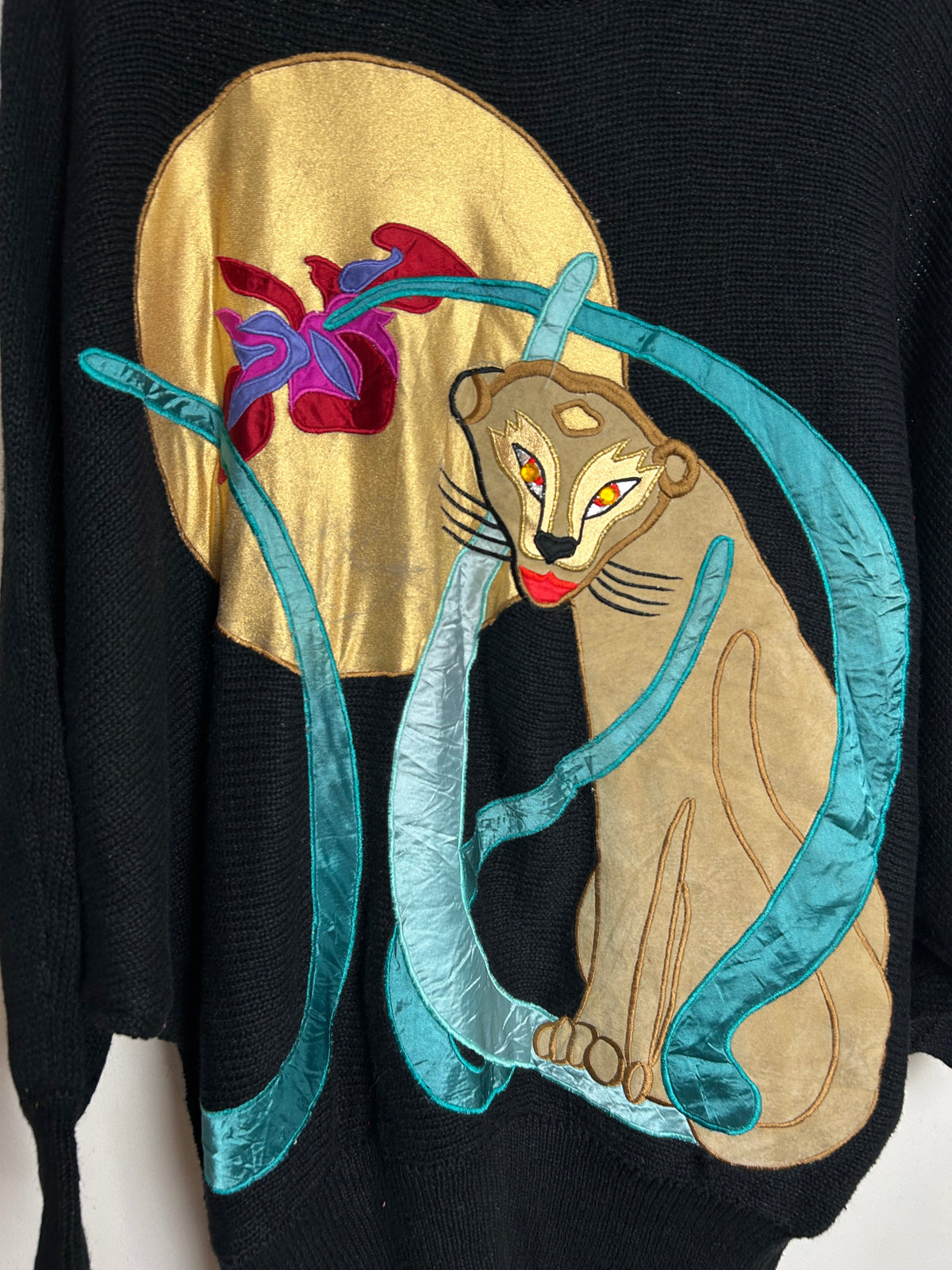 Vintage 1980s BONNIE BOERER PRET Size L (Up To 14/16) Black Large Applique Puma Bat Wing Jumper