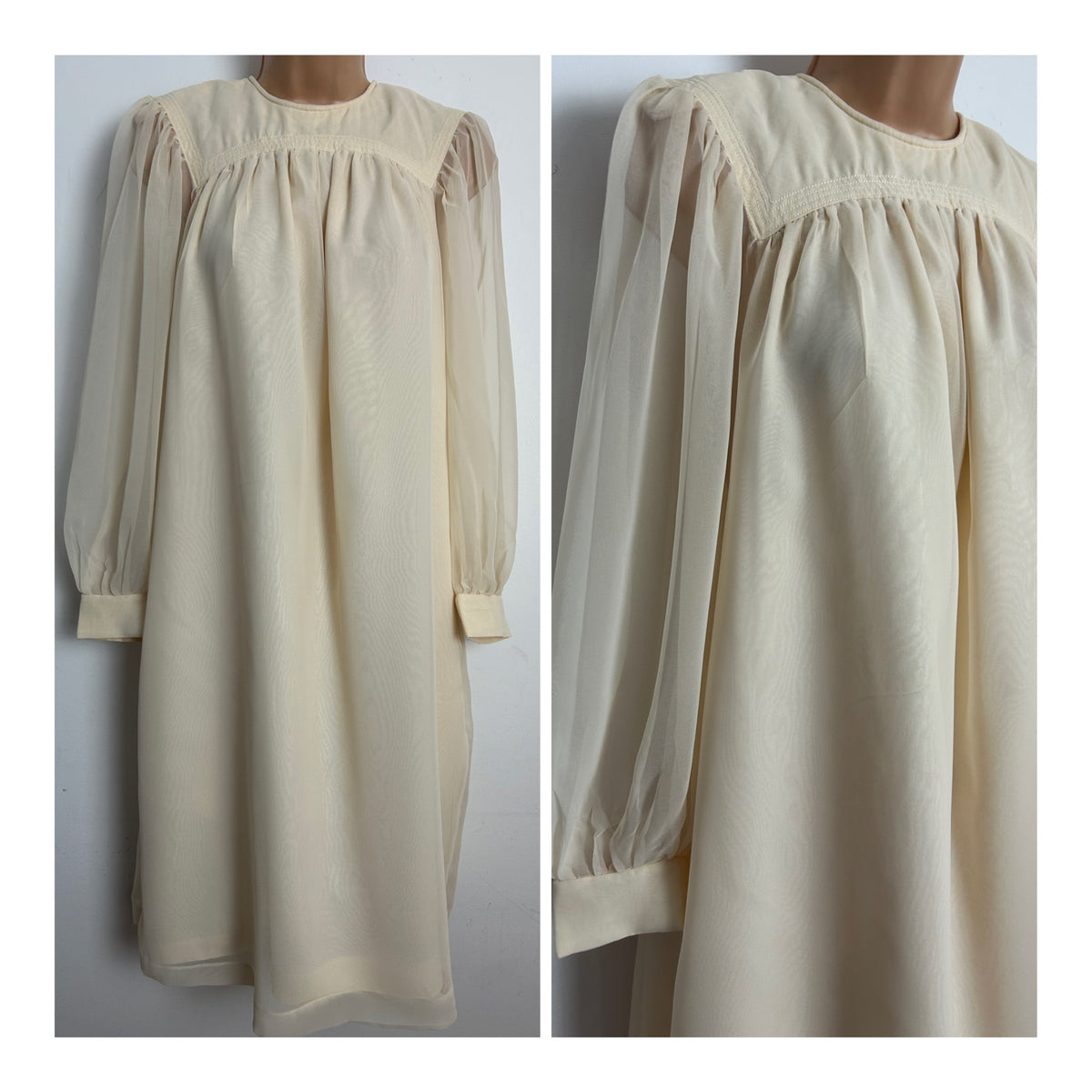 Vintage 1970s Size 10 Cream Long Sleeve Chiffon Smock Trapeze Dress With Pockets