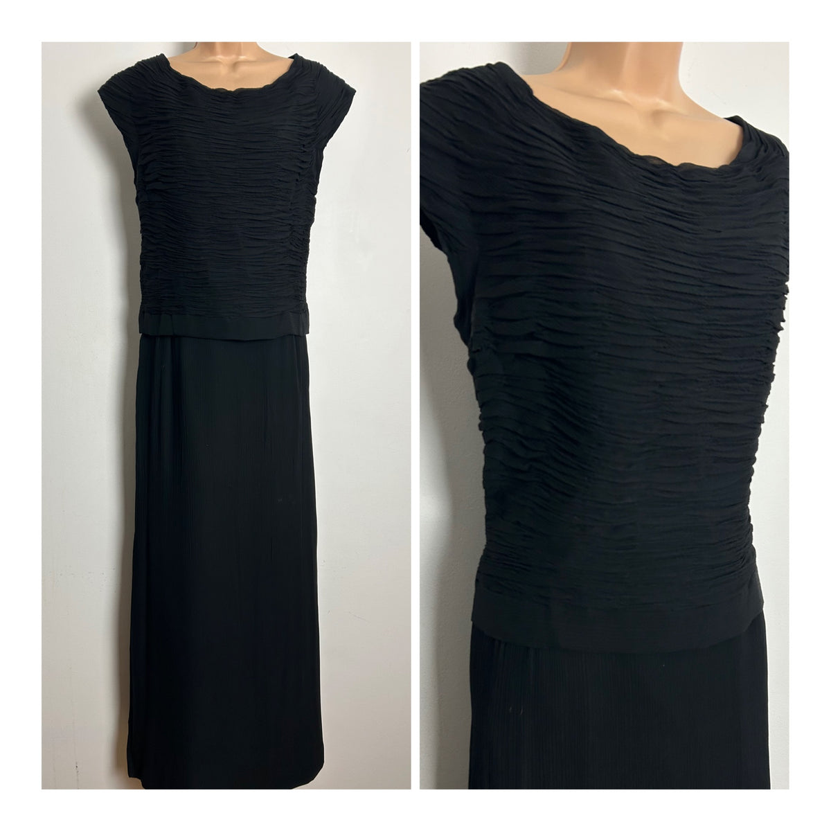Vintage Late 1950s Early 1960s Size 14-16 Black Silk Crepe Mock Two Piece Evening Maxi Dress