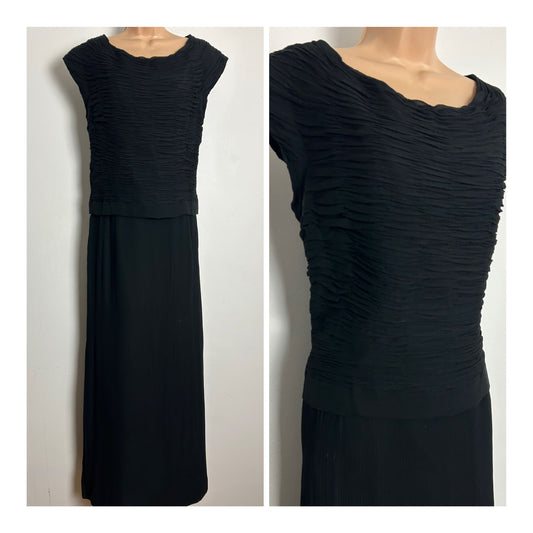 Vintage Late 1950s Early 1960s Size 14-16 Black Silk Crepe Mock Two Piece Evening Maxi Dress