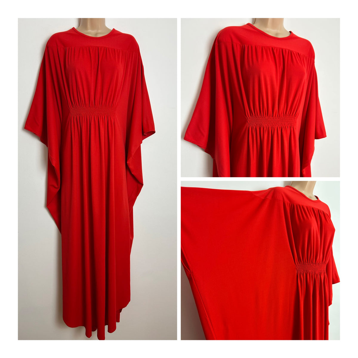 Vintage 1970s EVANS One Size Red Shirred Waist Detail Wide Sleeve Kaftan Maxi Dress