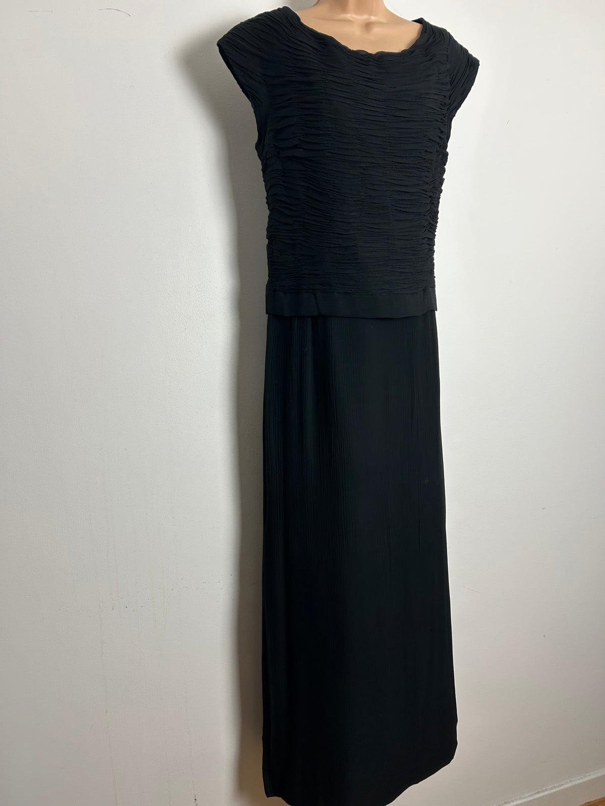 Vintage Late 1950s Early 1960s Size 14-16 Black Silk Crepe Mock Two Piece Evening Maxi Dress