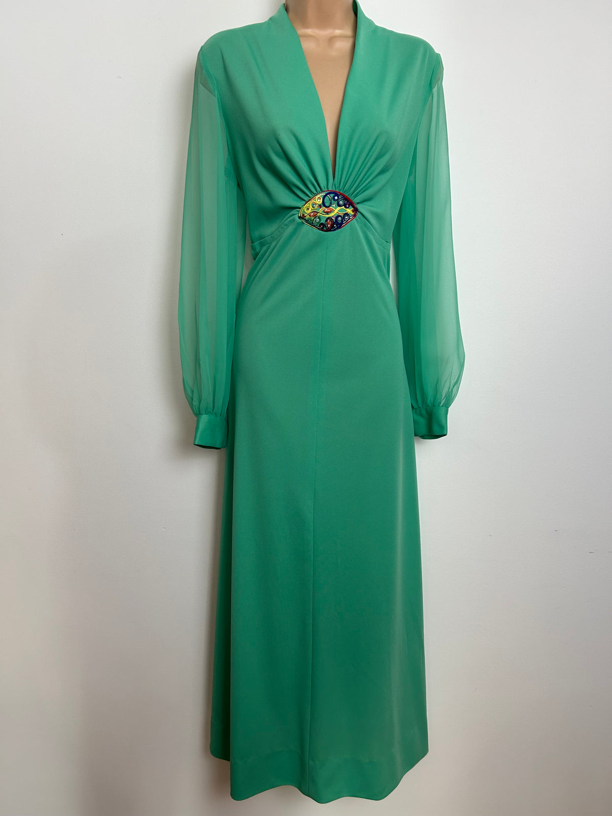 Vintage 1970s Size 12 Jade Green Long Chiffon Sleeves Occasion Maxi Dress