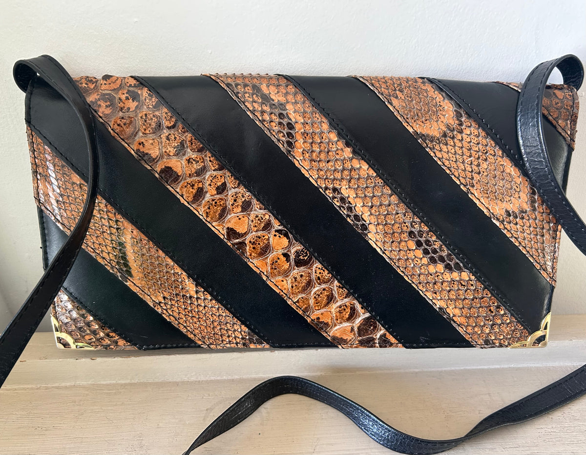 Vintage Black & Brown Reptile Stripe Pattern Clutch or Shoulder Bag