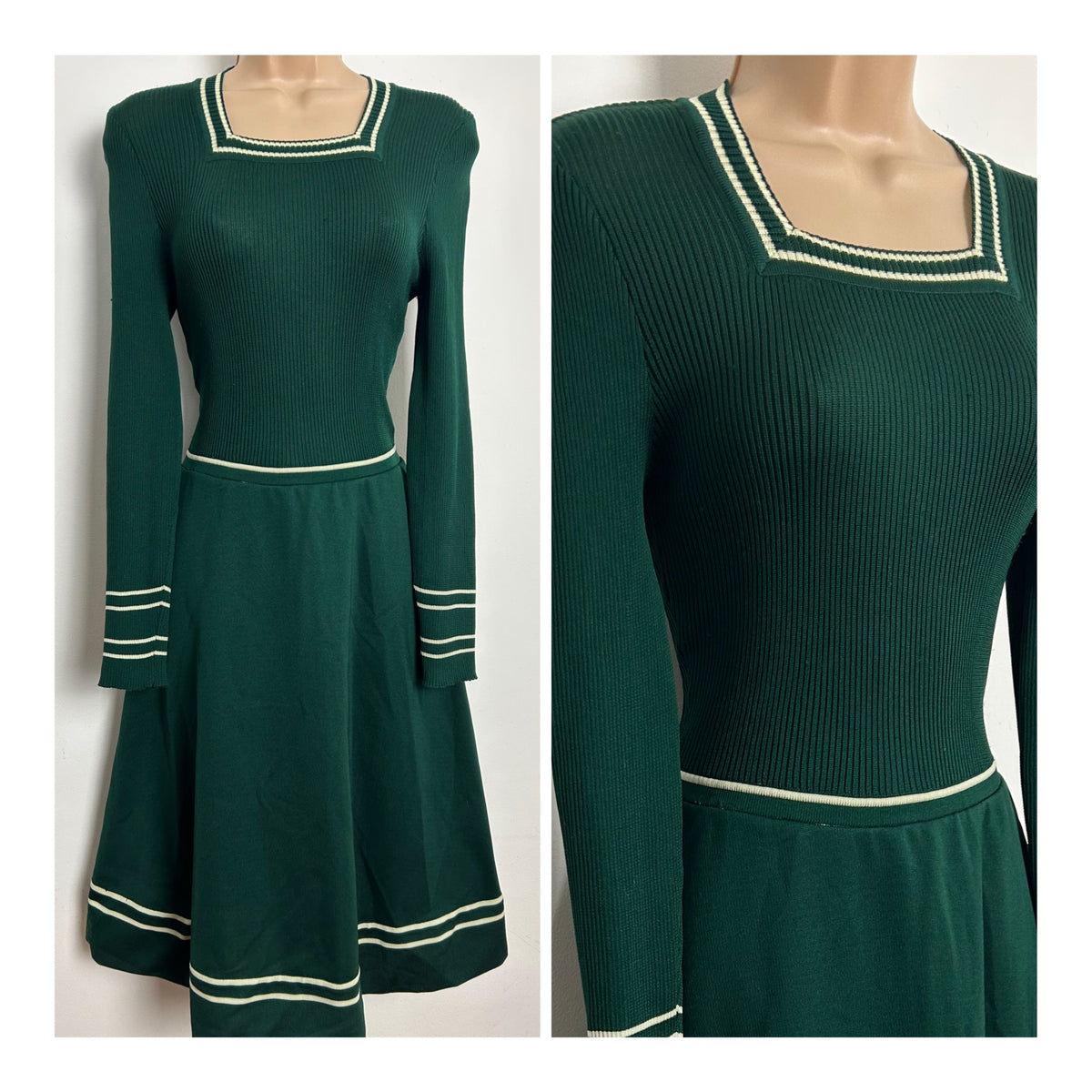 Vintage 1970s GINA ITALIAN SOPHISTICATES Size 8 Dark Green Ribbed Jersey Mod Day Dress