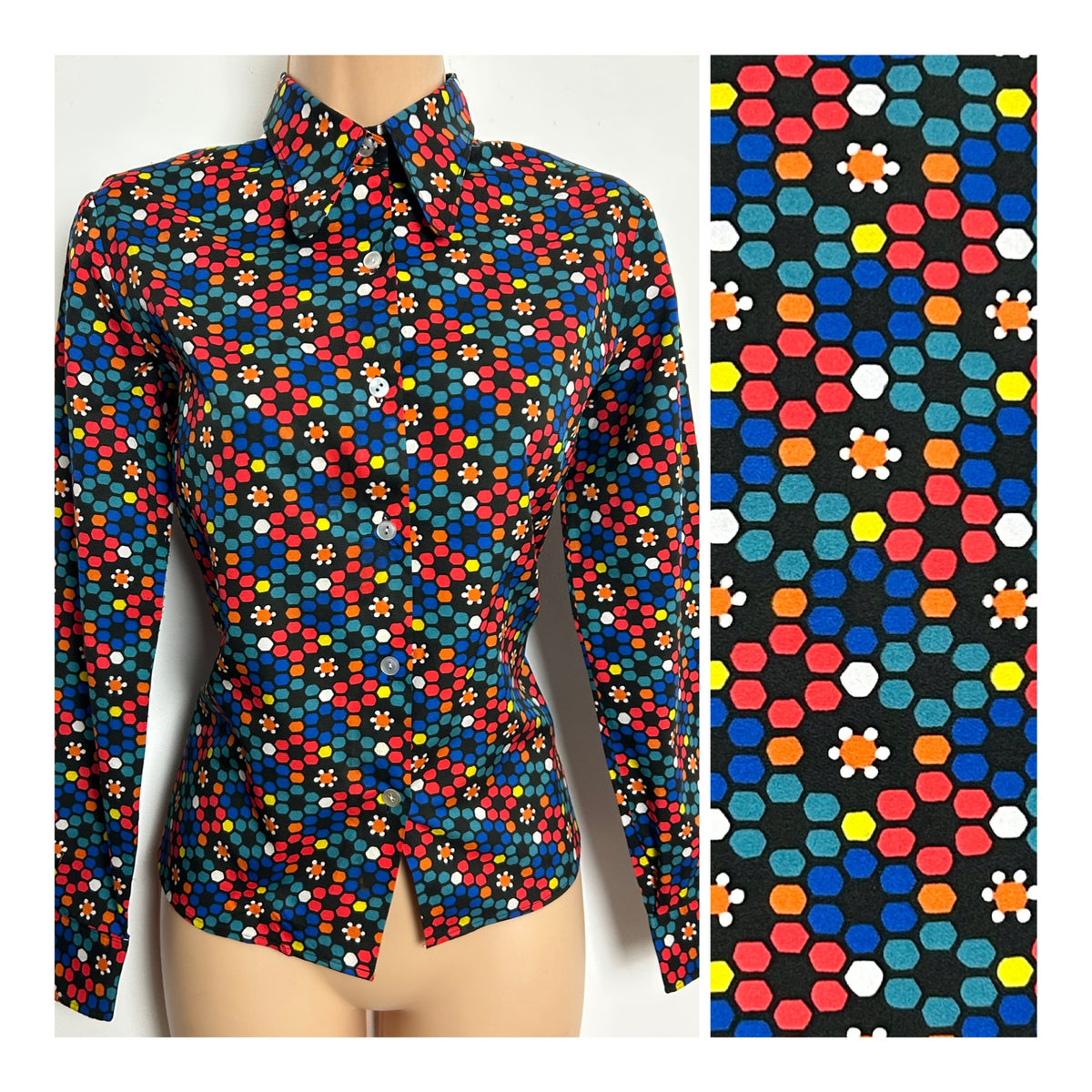 Vintage 1970s PARISIAN Size 8-10 Black Multicolour Abstract Print Beagle Collar Shirt