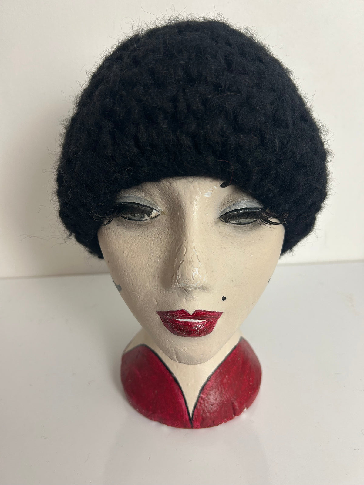 Vintage Black Chunky Knit Wool Beanie/Beret Style Hat