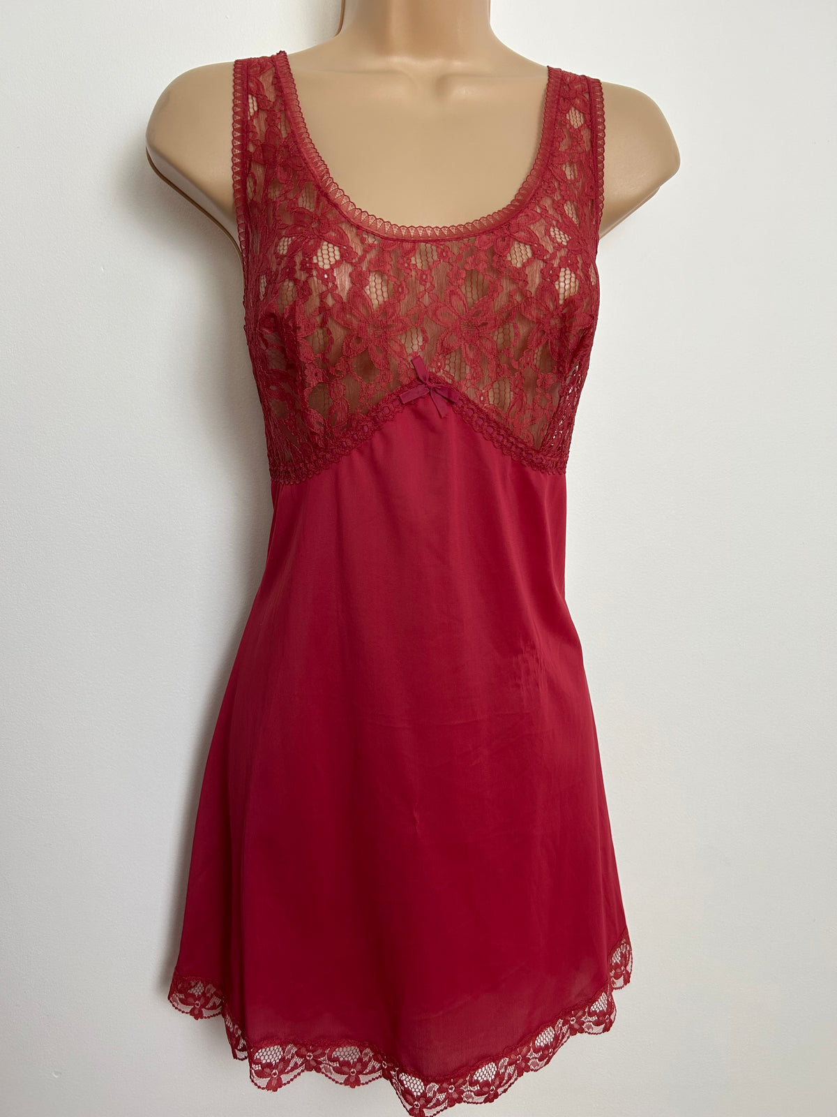 Vintage Size 10 Dark Red Lace Trim Nylon Mini Slip