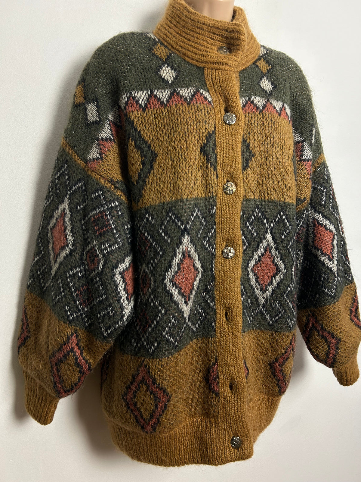Vintage 1980s One Size Up To Size 16/18 Oversized Tan Brown & Dark Green Abstract Pattern Chunky Lined Coatigan