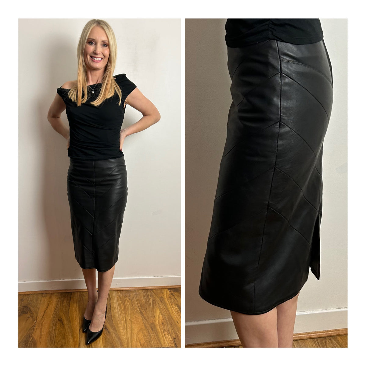 Vintage 1980s MICHEL BOYARD UK Size 6-8 Black Leather Pencil Skirt