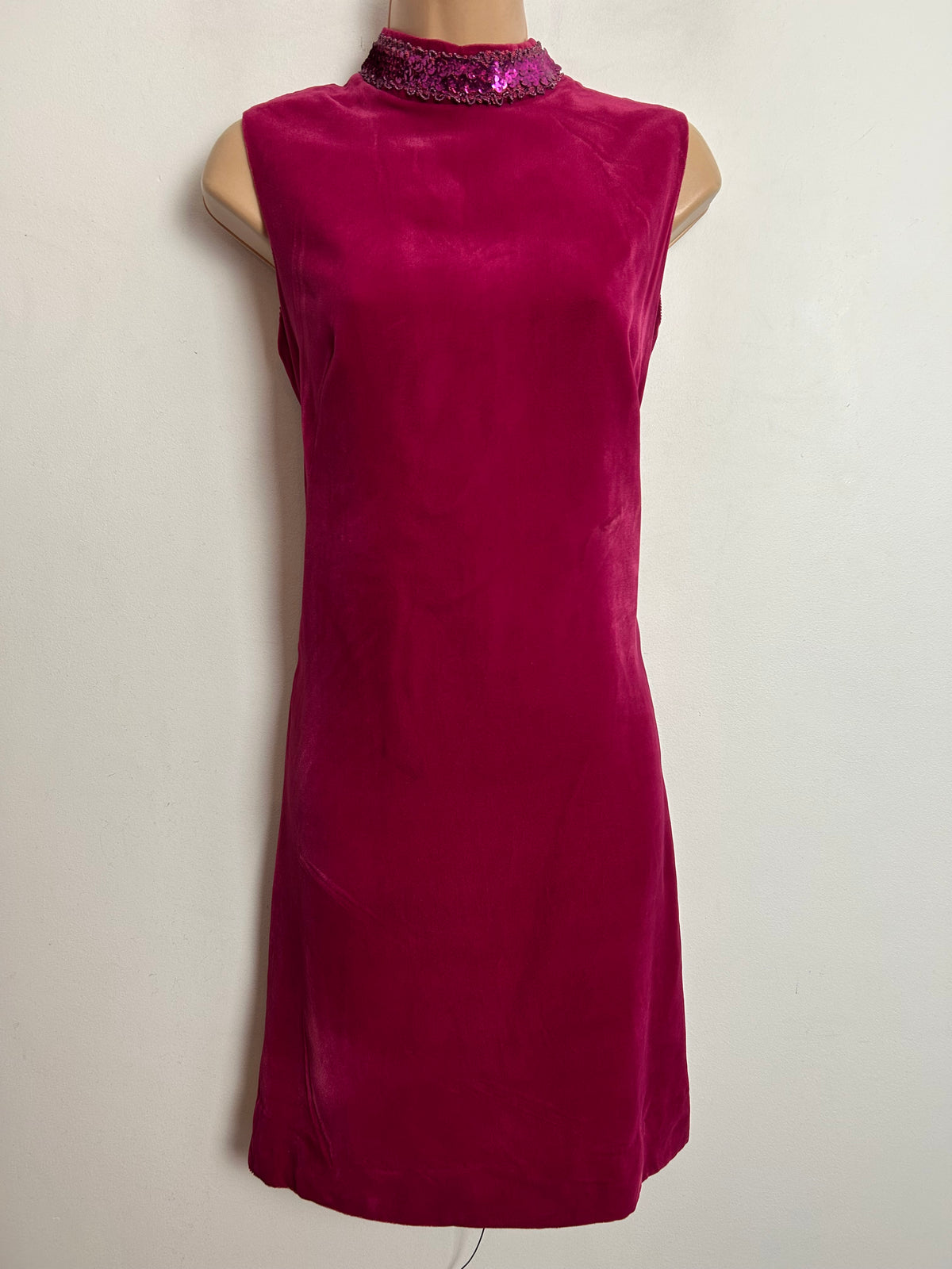 Vintage 1960s UK Size 12 Raspberry Red Velvet Sequin & Braid Trim Evening Shift Dress