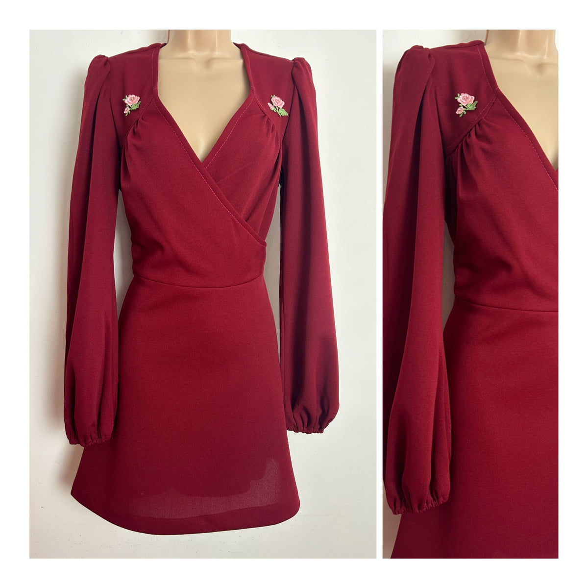 Vintage 1970s Size 10-12 Maroon Cross Over V-Neckline Long Sleeve Tie Back Day Dress