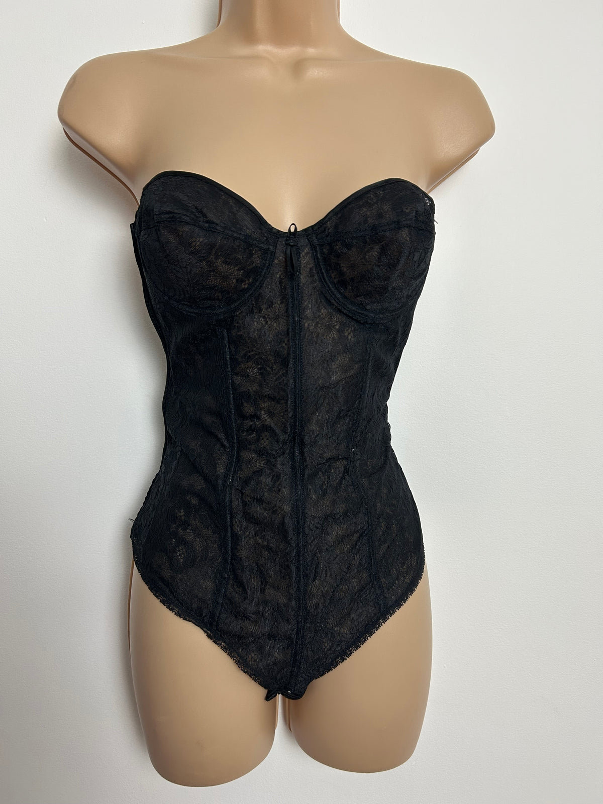 Vintage 34B Black Strapless Lace Underwired Boned Bodysuit Bodystocking