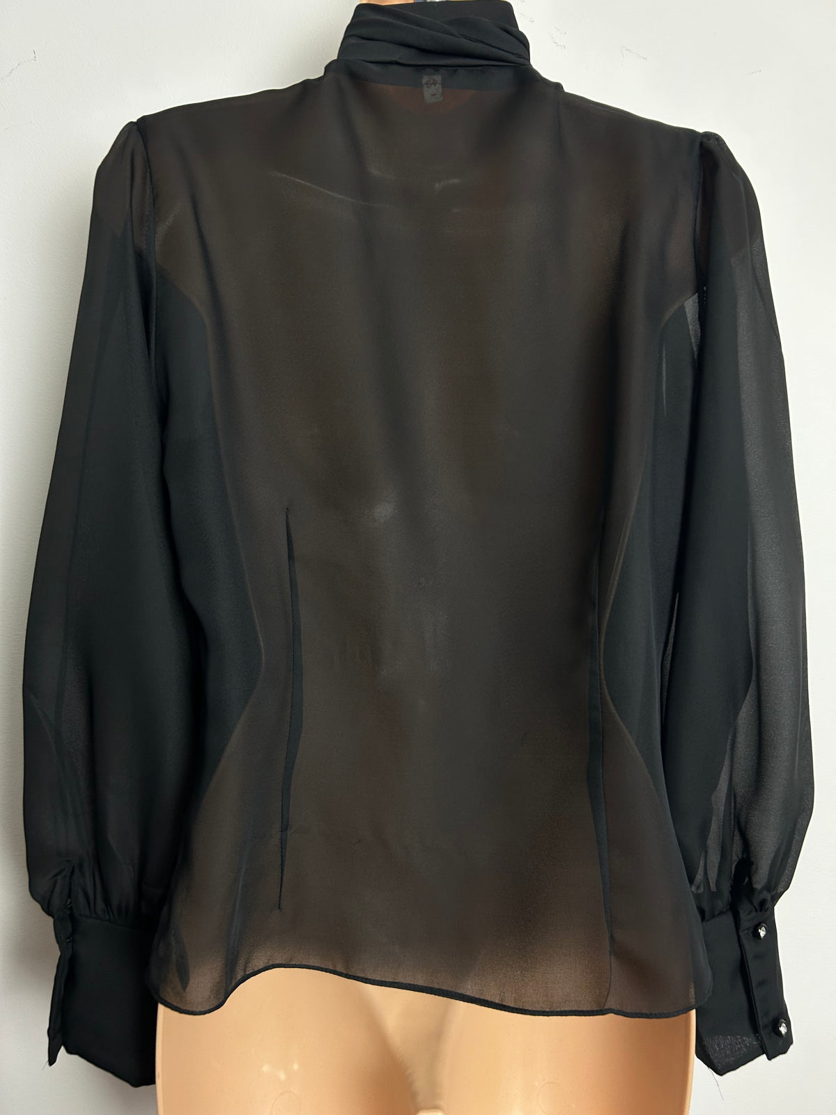 Vintage 1980s Size 12-14 Black Chiffon Semi Sheer Scarf Tie Neck Marabou Feather Trim Blouse