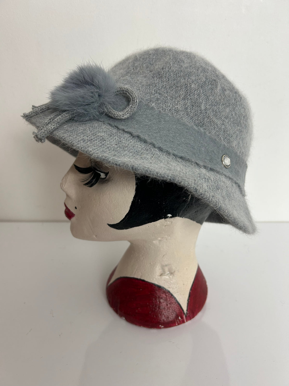Vintage Grey Angora & Wool Mix Diamante & Felt Trim Trilby Style Hat