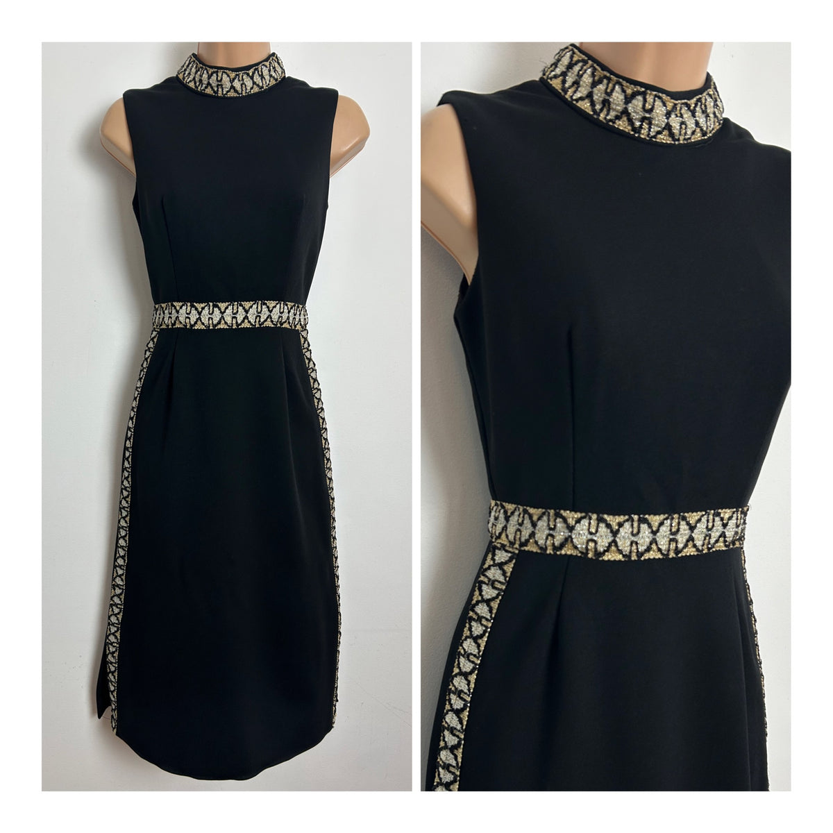 Vintage 1960s RONDA ROY Size 6 Black Evening Mod Dress With Silver & Gold Braid Trim Detail