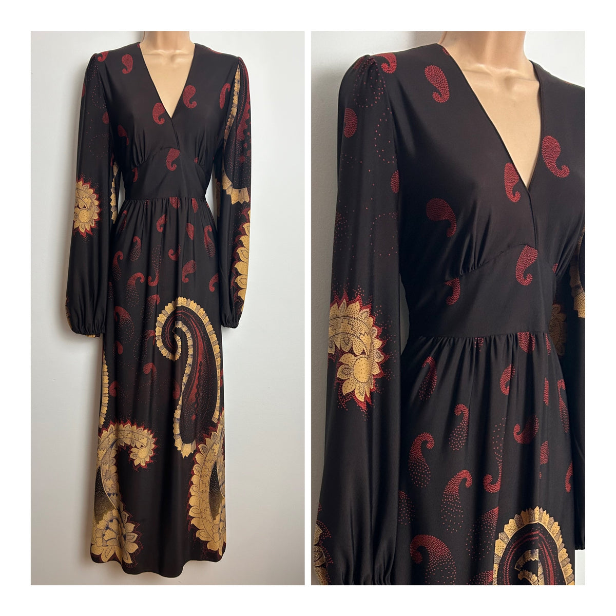 Vintage 1970s Size 12 Brown Beige & Dark Red Paisley Print Long Sleeve Maxi Dress