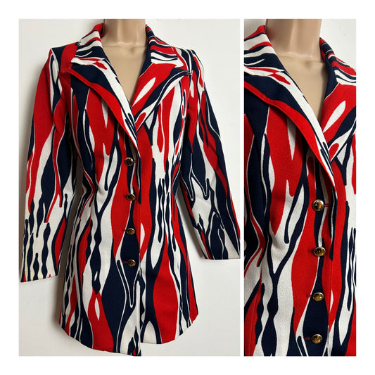 Vintage 1960s BLICKLES INTERNATIONAL Size 12 Red Blue & White Abstract Print Mini Dress Or Jacket