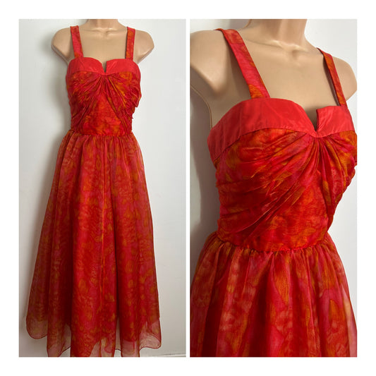 Vintage Early 1960s JEAN ALLEN Gorgeous Size 8 Orange Floral Print Chiffon Summer Ballgown