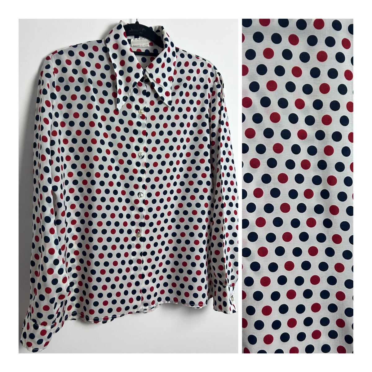 Vintage 1970s UK Size 16 White Navy Blue & Red Polka Dot Spot Print Dagger Collar Long Sleeve Shirt