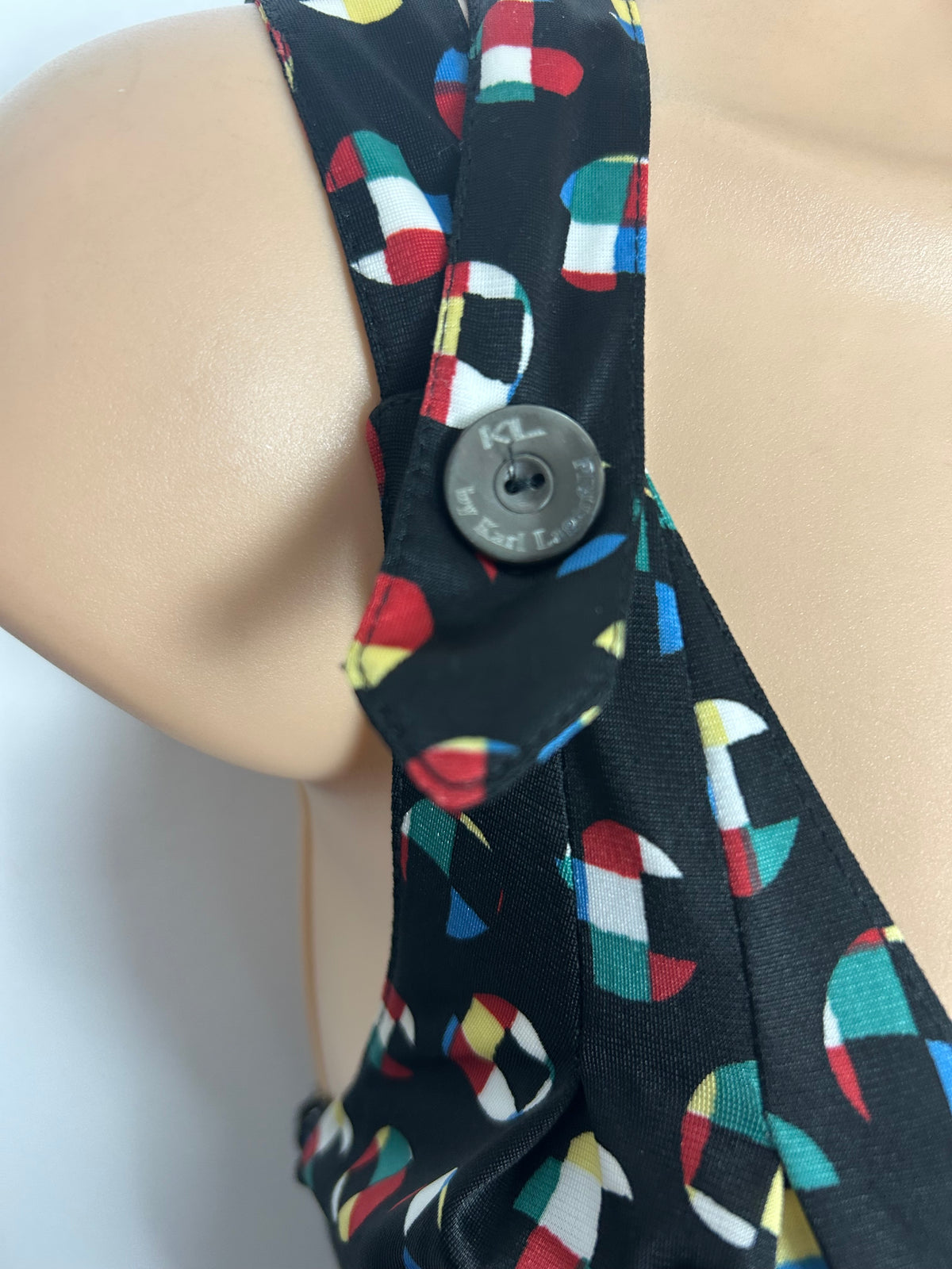 Vintage Late 1980s Early 1990s KL By KARL LAGERFELD Size 12 Black Geometric Print Cross Strap Maxi Dress