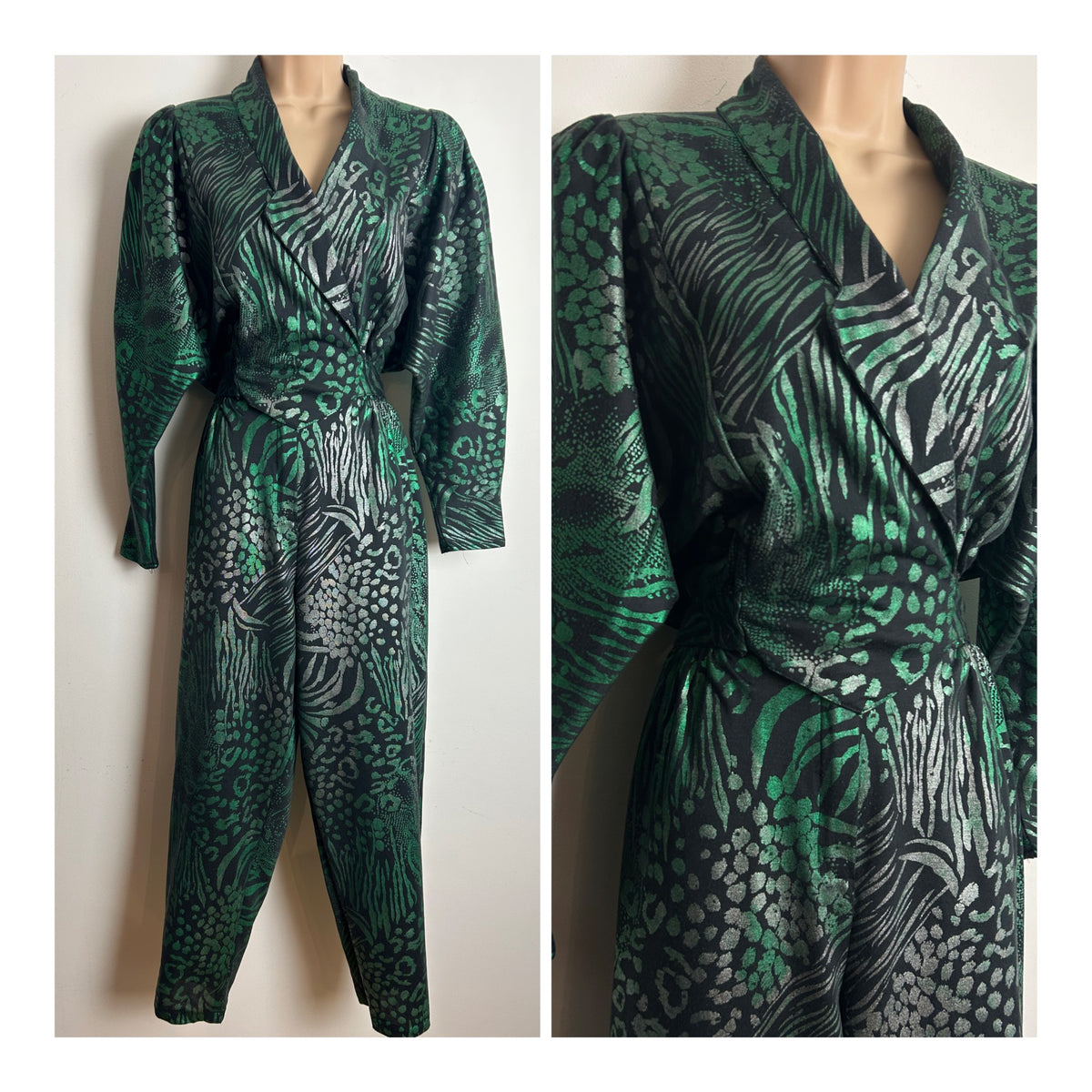 Vintage 1980s Size 10 Black & Green Iridescent Animal Print Bat Wing Wrap Bodice Jumpsuit
