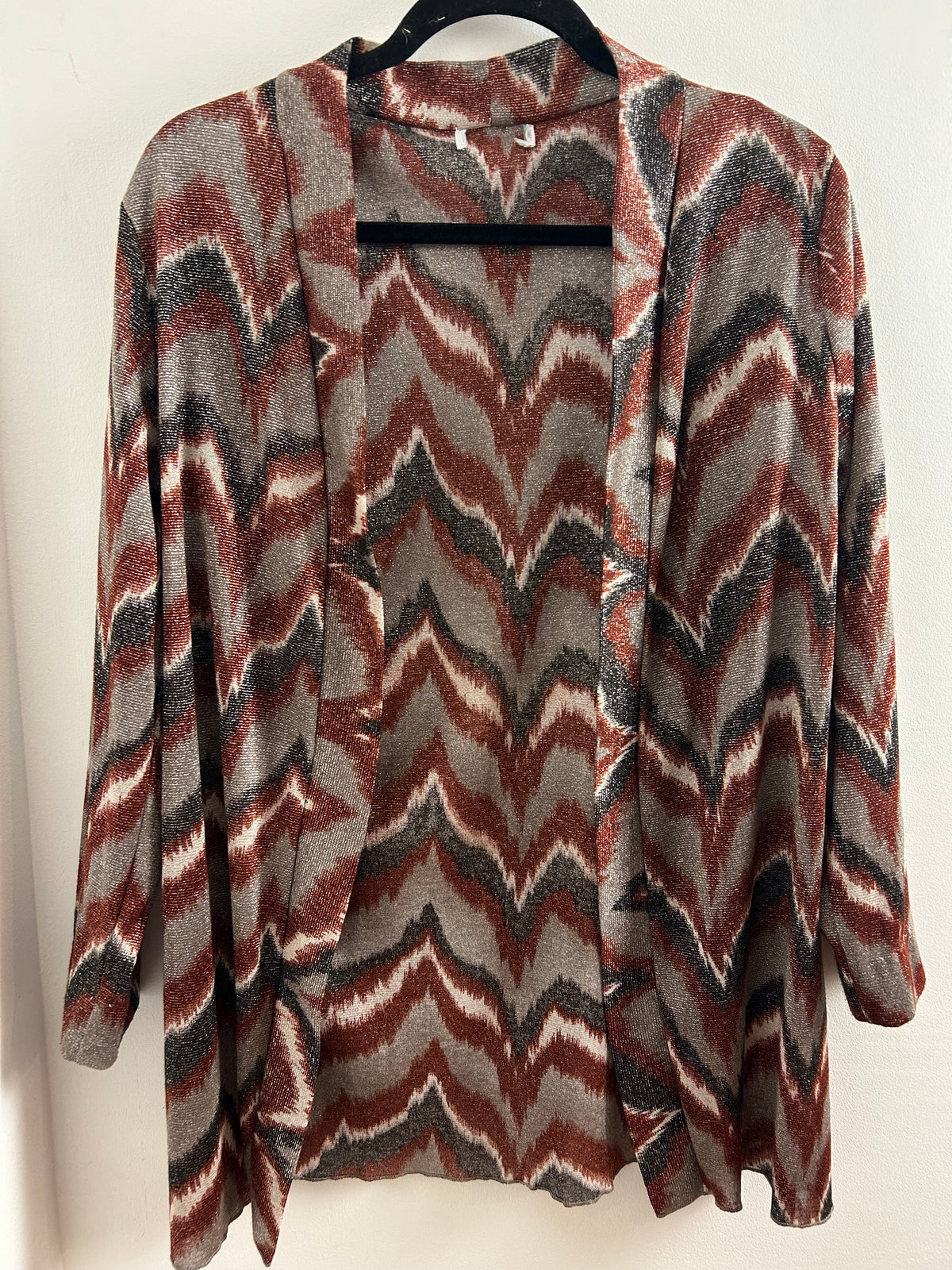 Vintage 1990s/Y2K UK Size 14 Bronze Grey & Silver zig Zag Stripe Print Open Fronted Long Sleeve Cardigan Cover Up
