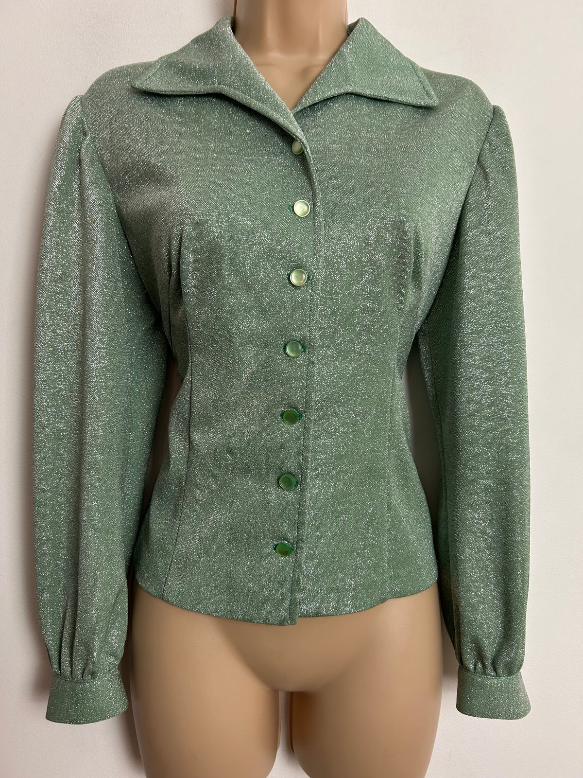 Vintage 1970s Size 10 Pale Green Glittery Lurex Wide Collared Long Sleeve Shirt/Blouse